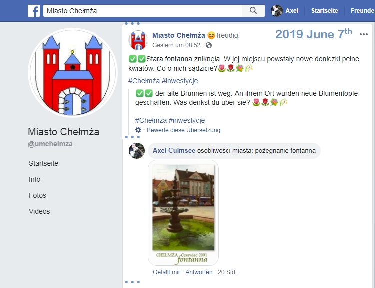 Miasto Chelmza at facebook June 2019 fontanna