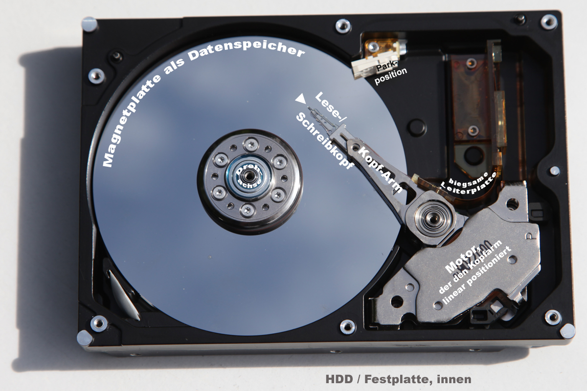 HDD-Festplatte innen, Lesekopf in Aktion-Position, beschriftet