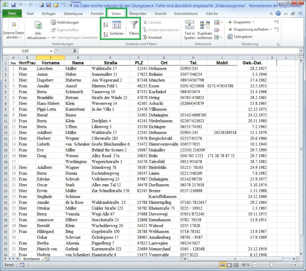 Excel Tabelle zum Üben Sortieren Filtern (Daten frei erfunden)