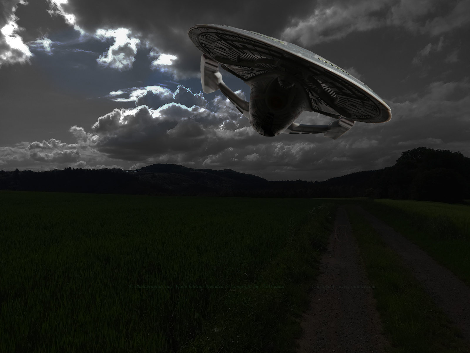 NCC-1701-E low-level flight across fields in the dark